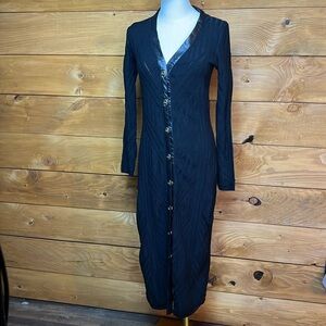 Women's pre-worn ecru size small black Long Cardigan faux leather turn locks for